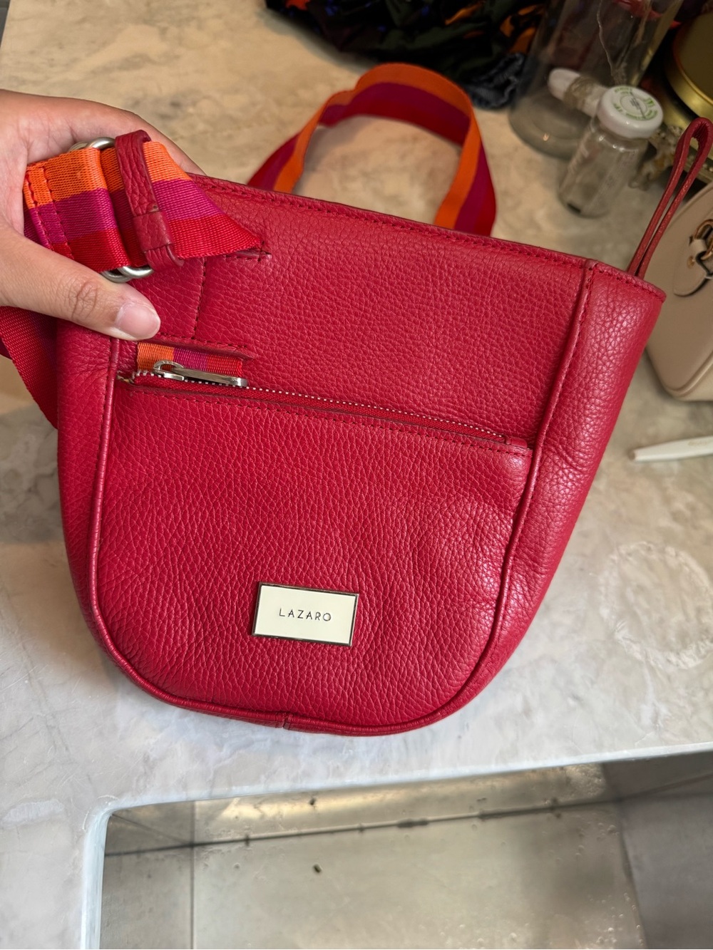 Lazaro Red Pebbled Leather Crossbody with Striped Webbing Strap